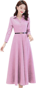 Women Long Sleeve Cotton Dress Solid Color Casual Pink Dress Midi Tunics V Neck Spring Green Robe 2XL S1902051 - Tuzzut.com Qatar Online Shopping