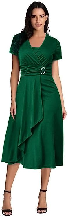 Minetom Wedding Festive Business Dresses Women's V-Neck Short Sleeve A-line Midi Dress Elegant Asymmetry High Waist Cocktail Dress Party Dress S4363015 - Tuzzut.com Qatar Online Shopping