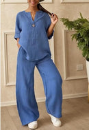Casual Linen Top Wide Leg Pant Suit TP0012 - TUZZUT Qatar Online Shopping