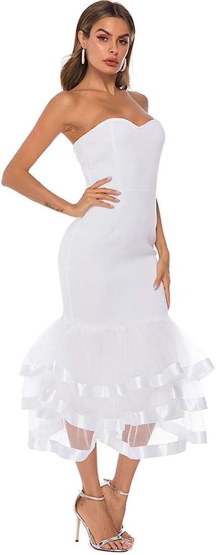 AOMEI Women White Dresses Off Shoulder Patchwork with Mesh Wedding Evening Bodycon Dress S591602