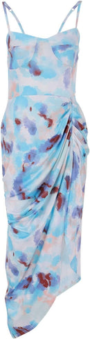 Sexy Blue Dress for Women Printed Midi Pleated Slit Strap Dress Slim Maxi Dresses   519015 - TUZZUT Qatar Online Shopping