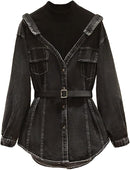 Women's Chic High-Neck Button-Down Denim Shirts with Belt B218982