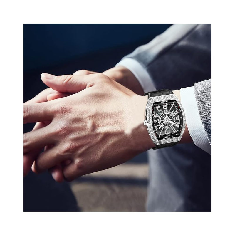 Luxury Diamond Dial Leather Strap Quartz Mens Watch W1000 - TUZZUT Qatar Online Shopping