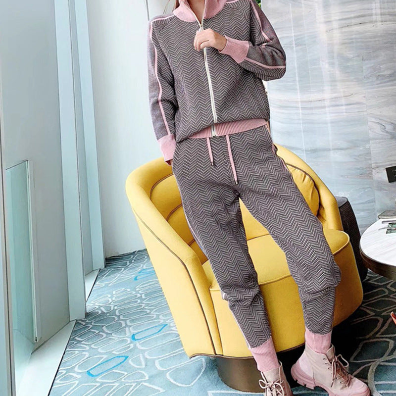 Comfortable and Convenient Women Knitted Long Sleeve Two Piece Autumn Winter Ribbed Printed Fashion Tracksuit Pant Suit Outwear 2XL S4665248