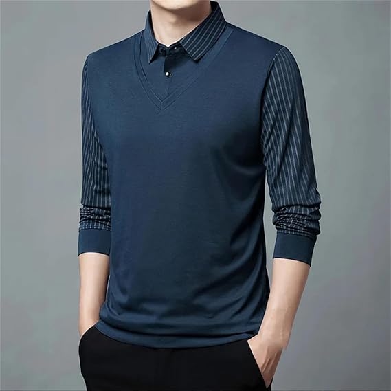 Casual Solid Color Two-Button Long-Sleeved Polo Shirt Navy TZ251 Casual Solid Color Two-Button Long-Sleeved Polo Shirt Navy TZ251