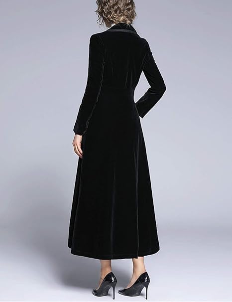 Women's Slim Notch Lapel Long Vintage Velvet Trench Coat Dress 27840