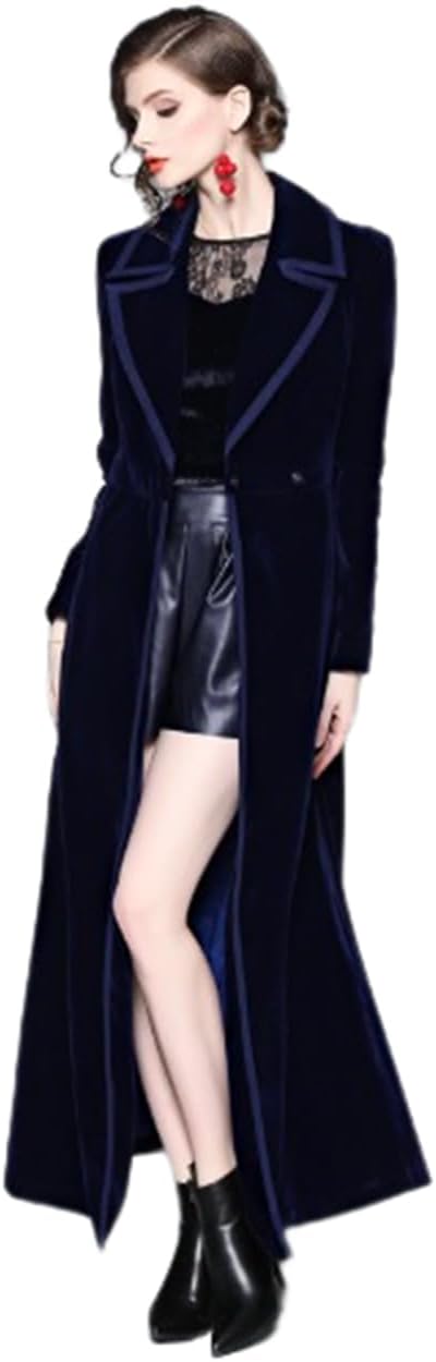 Women's Slim Notch Lapel Long Vintage Velvet Trench Coat Dress 27840