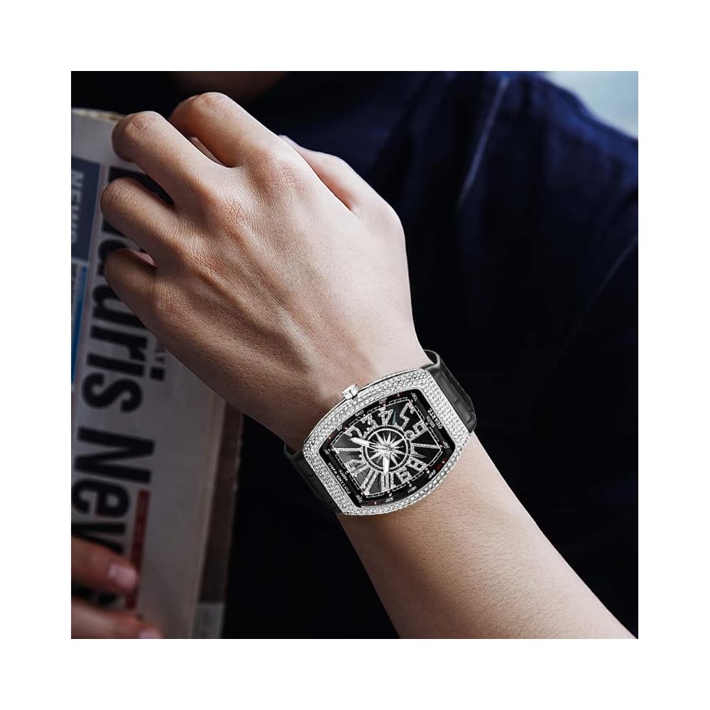 Luxury Diamond Dial Leather Strap Quartz Mens Watch W1000 Luxury Diamond Dial Leather Strap Quartz Mens Watch W1000