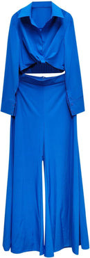 Pleated Long Sleeved Shirt High Waisted Baggy Wide Leg Pant 176842 - TUZZUT Qatar Online Shopping