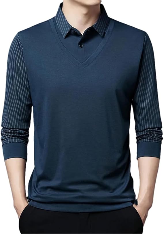 Casual Solid Color Two-Button Long-Sleeved Polo Shirt Navy TZ251 - TUZZUT Qatar Online Shopping