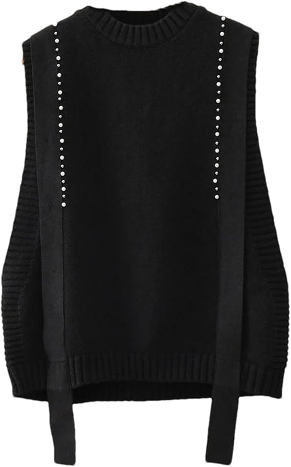 Round Neck Sleeveless Knitted Sweater Vest Black 175536 Round Neck Sleeveless Knitted Sweater Vest Black 175536