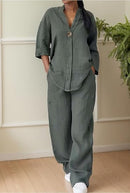 Casual Linen Top Wide Leg Pant Suit TP0012 - TUZZUT Qatar Online Shopping