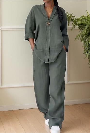 Casual Linen Top Wide Leg Pant Suit TP0012 Casual Linen Top Wide Leg Pant Suit TP0012