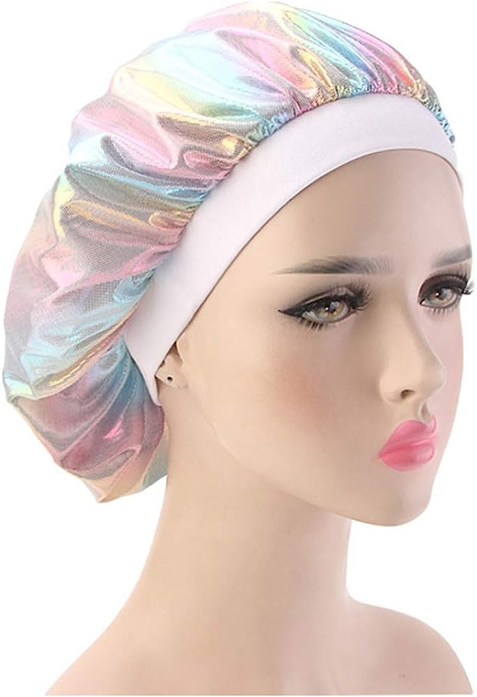 Holographic Satin Nightcap Wide Band Sleep Cap Bonnet Hat for Frizzy Natural Hair Curly Hair Loss S4583089