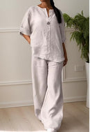 Casual Linen Top Wide Leg Pant Suit TP0012 - TUZZUT Qatar Online Shopping