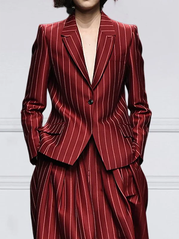 Long Sleeves Loose Striped Notched Collar Blazer Outerwear 171888 Long Sleeves Loose Striped Notched Collar Blazer Outerwear 171888
