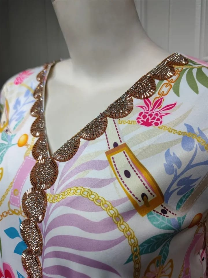 Muslim Woman Dress Moroccan Jalabiya Dubai Rhinestones Beaded V Neck Long Sleeve Feather Patchwork Print Gulf Abayas L S4687278 - Tuzzut.com Qatar Online Shopping