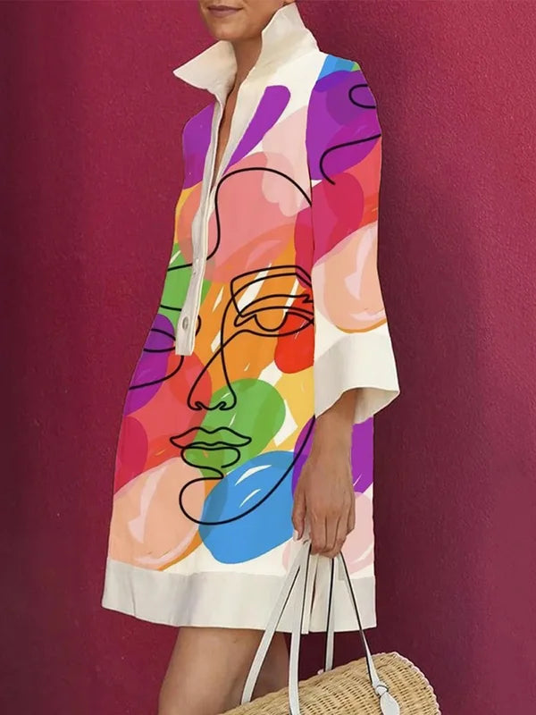 Loose Three-Quarter Sleeves Buttoned Contrast Color Figure Printed Lapel Collar Mini Dresses 119877 Loose Three-Quarter Sleeves Buttoned Contrast Color Figure Printed Lapel Collar Mini Dresses 119877
