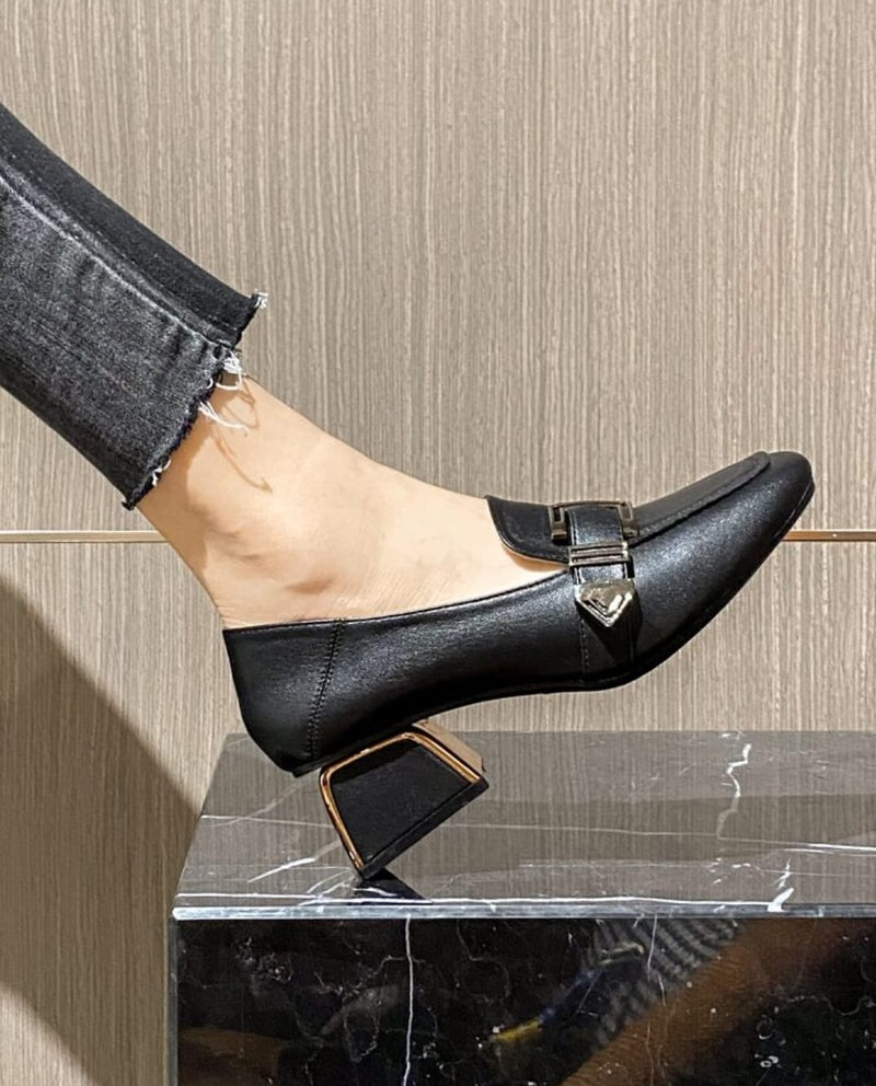 Buckle Decor Square Toe Chunky Heeled Loafers 6776 - TUZZUT Qatar Online Shopping