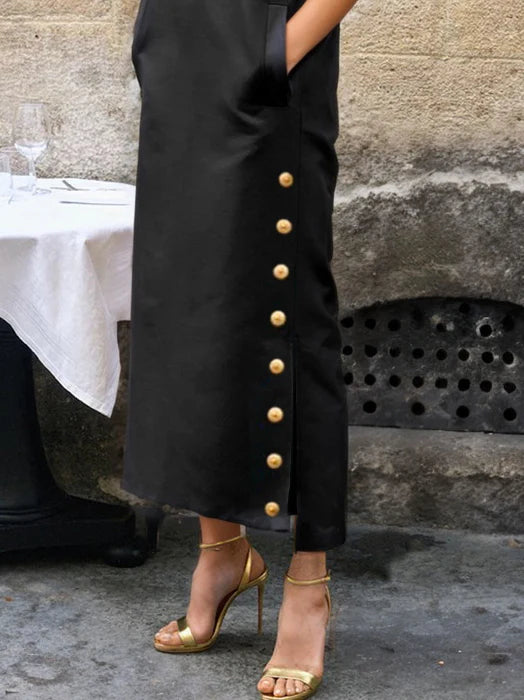 Sleeveless Buttoned Split-side Stand Collar Maxi Dresses 156325 Sleeveless Buttoned Split-side Stand Collar Maxi Dresses 156325