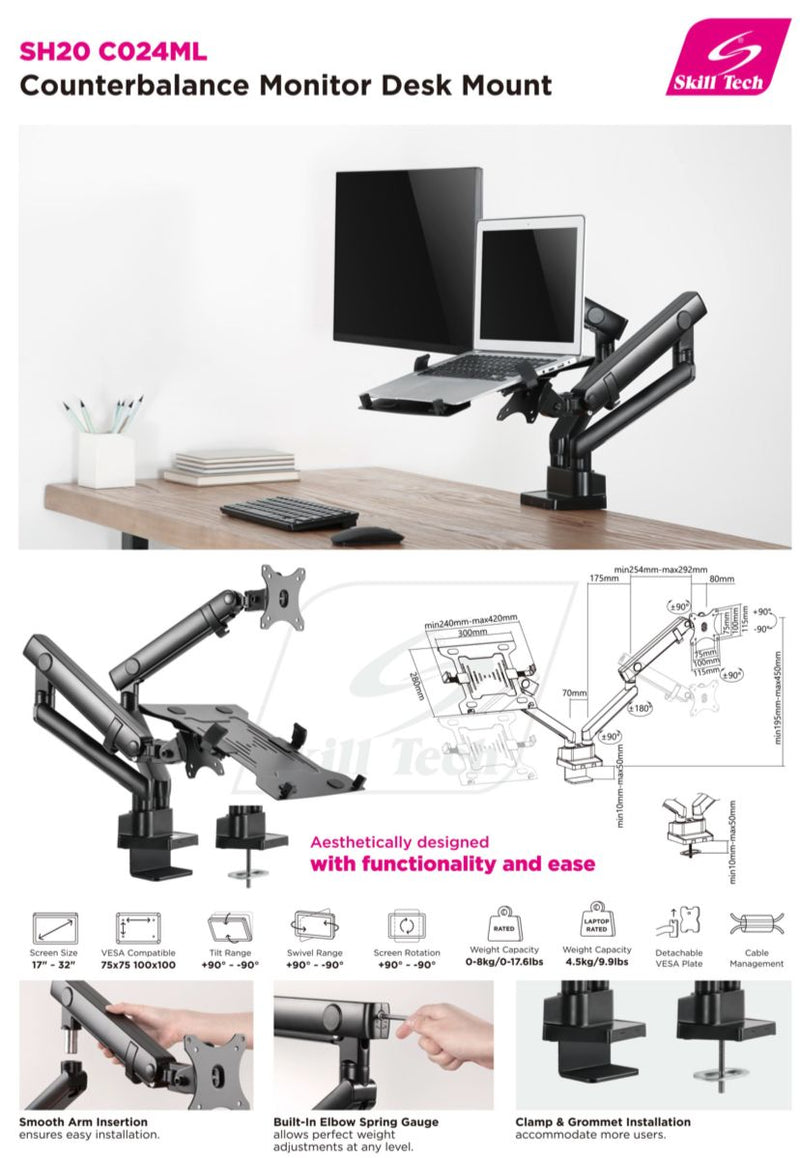 Aluminium Slim Pole-Mounted Spring-Assited Monitor Arm With Laptop Holder - SH 20 C024ML (Fits Most 17" ~ 32") - Tuzzut.com Qatar Online Shopping