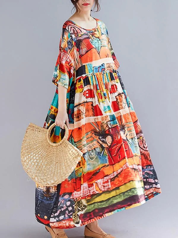 Loose Short Sleeves Floral Printed Round-Neck Midi Dresses 34327 Loose Short Sleeves Floral Printed Round-Neck Midi Dresses 34327