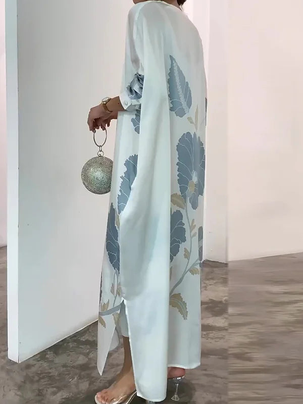 Long Sleeves Buttoned Contrast Color Flower&Leaves Print Muslim V-Neck Maxi Dress M 133414