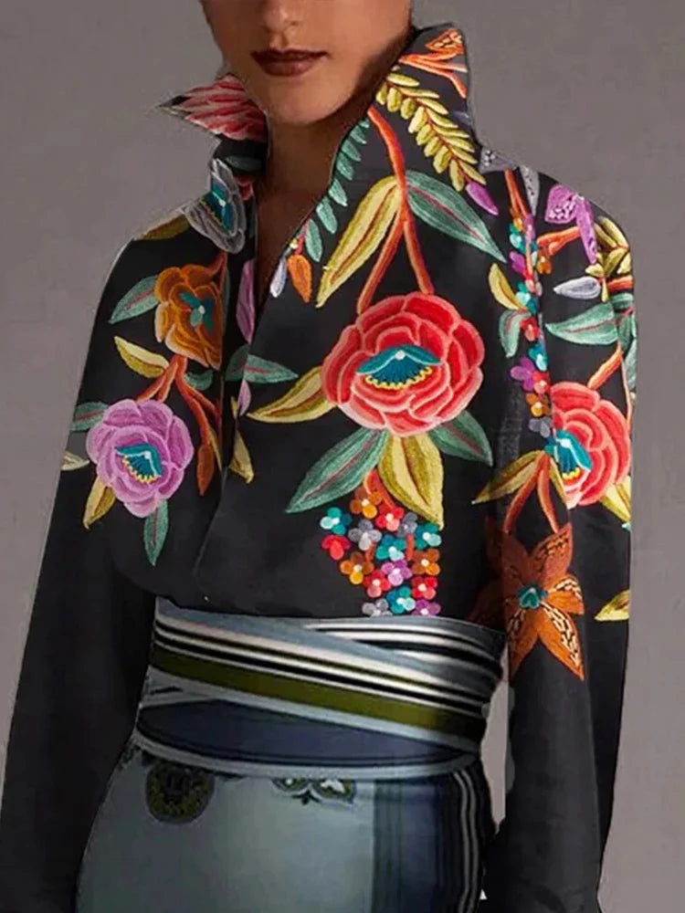 Flared Sleeves Long Sleeves Buttoned Contrast Color Flower Print Lapel Tops 141965 Flared Sleeves Long Sleeves Buttoned Contrast Color Flower Print Lapel Tops 141965