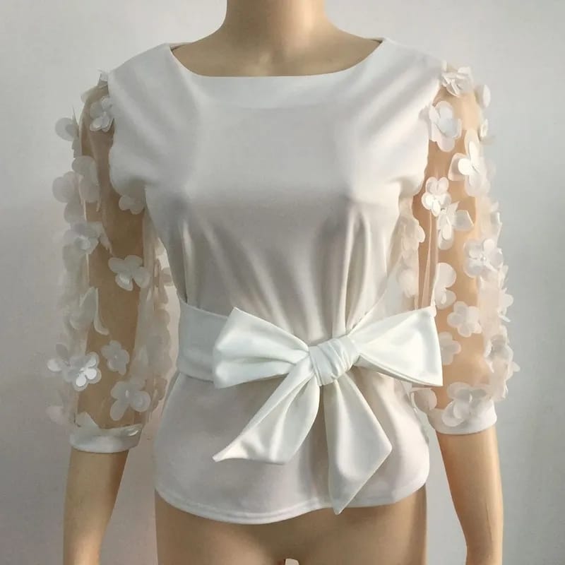 Office Ladies Summer White Work Blouse Plus Size Women Tops Shirt Mesh Flower Bow Tie Slim Elegant Fashion Female Bluas S3380308