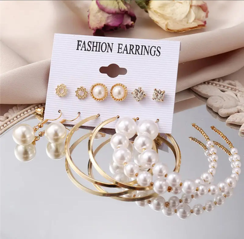 6Set Pearl Earrings For Women Big Gold Plated Cross Set of Earrings - Tuzzut.com Qatar Online Shopping