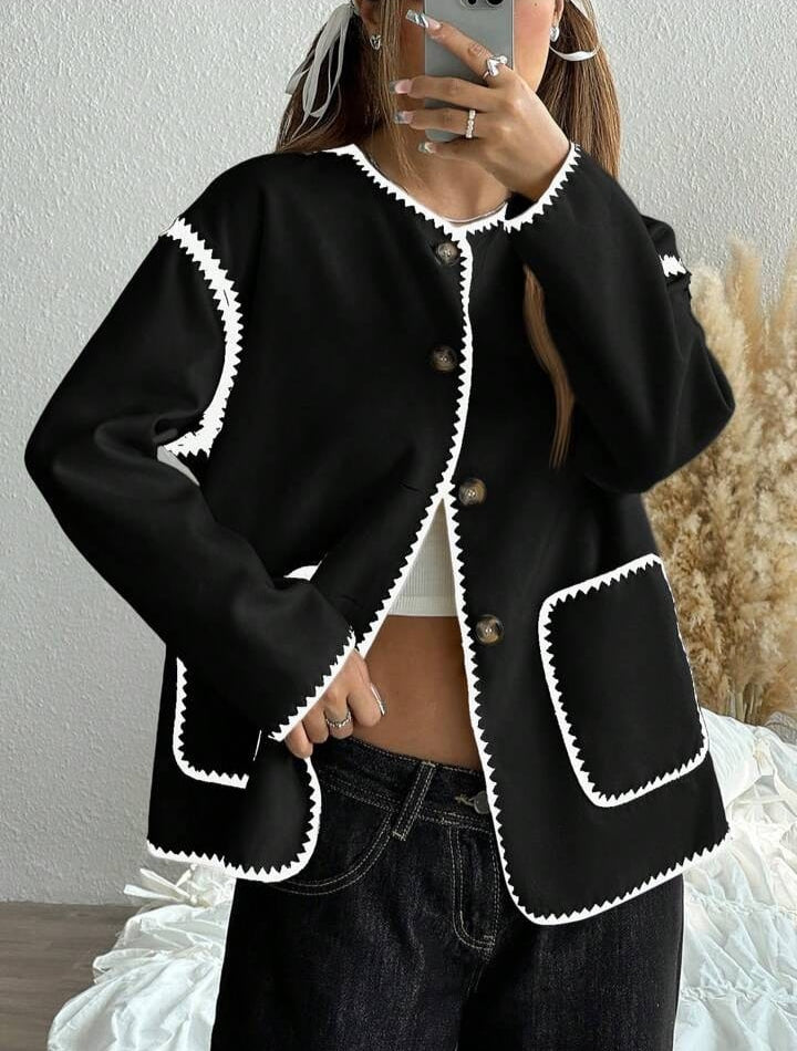 Women Casual Colorblock Trim Dual Pocket Jacket B195915 Women Casual Colorblock Trim Dual Pocket Jacket B195915