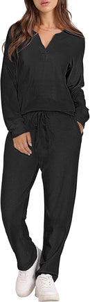 Women's Waffle Pajama Set Long Sleeve Long Pants Soft Pajamas with Pockets   S4396939 - TUZZUT Qatar Online Shopping