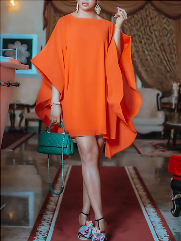 Batwing Sleeves Loose Solid Color Round-Neck Mini Dresses 115101 Batwing Sleeves Loose Solid Color Round-Neck Mini Dresses 115101