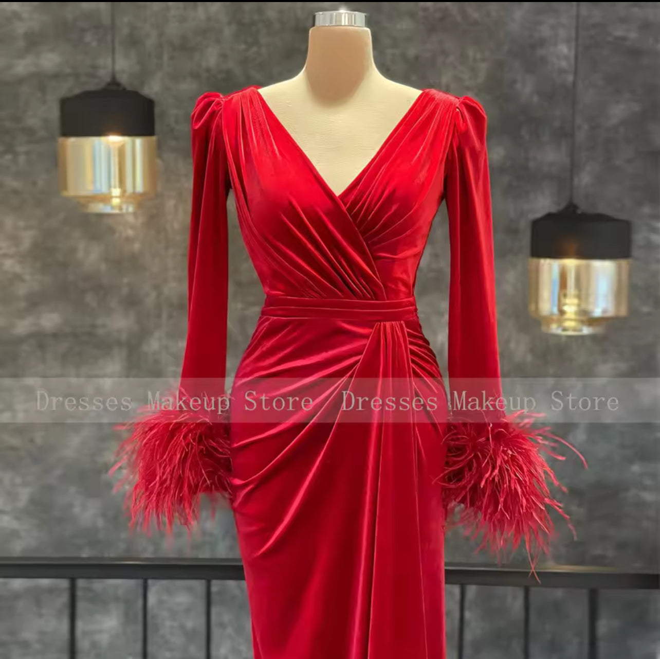 Evening Dress Long Sleeves Velvet Feather Mermaid Women's Prom Dresses S5085918 Evening Dress Long Sleeves Velvet Feather Mermaid Women's Prom Dresses S5085918