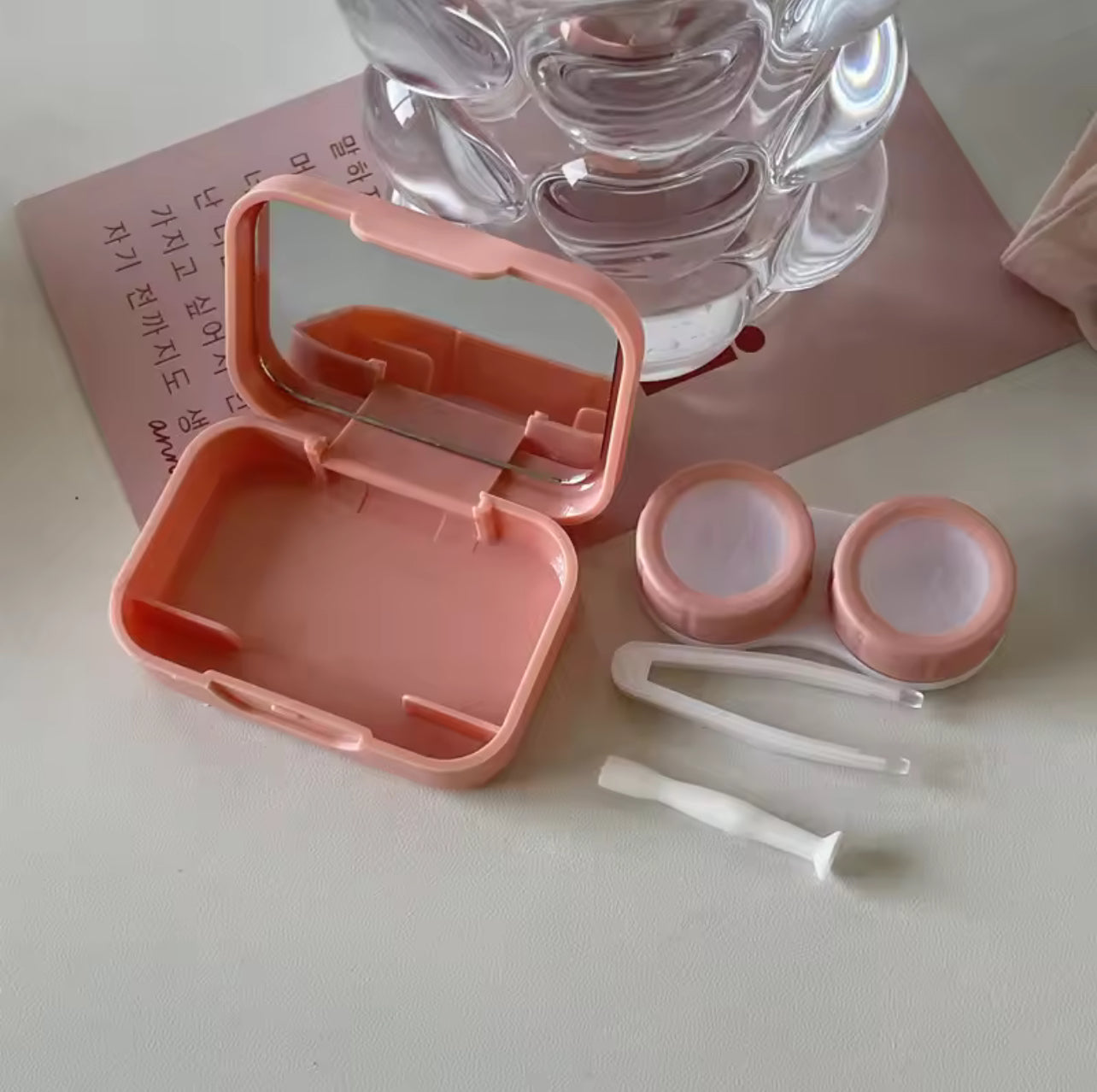 Pink Heart Square Contact Lenses Case with Tweezers Pink Heart Square Contact Lenses Case with Tweezers