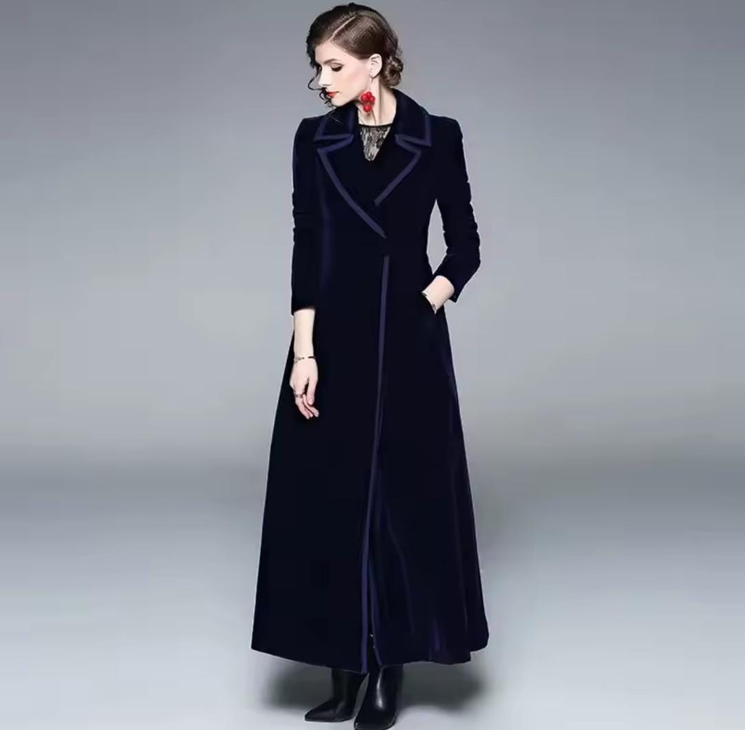 Women Velvet Long Windbreaker Coat B-381932 Women Velvet Long Windbreaker Coat B-381932