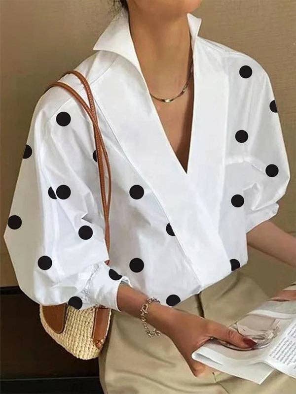 Womens Loose Puff Sleeves Polka-Dot Lapel Collar Blouse 119701 L Womens Loose Puff Sleeves Polka-Dot Lapel Collar Blouse 119701 L