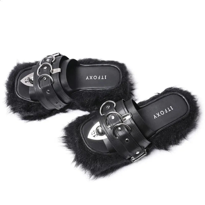 Punk Fur Metal Decor Round Toe Sandals 22823 - TUZZUT Qatar Online Shopping