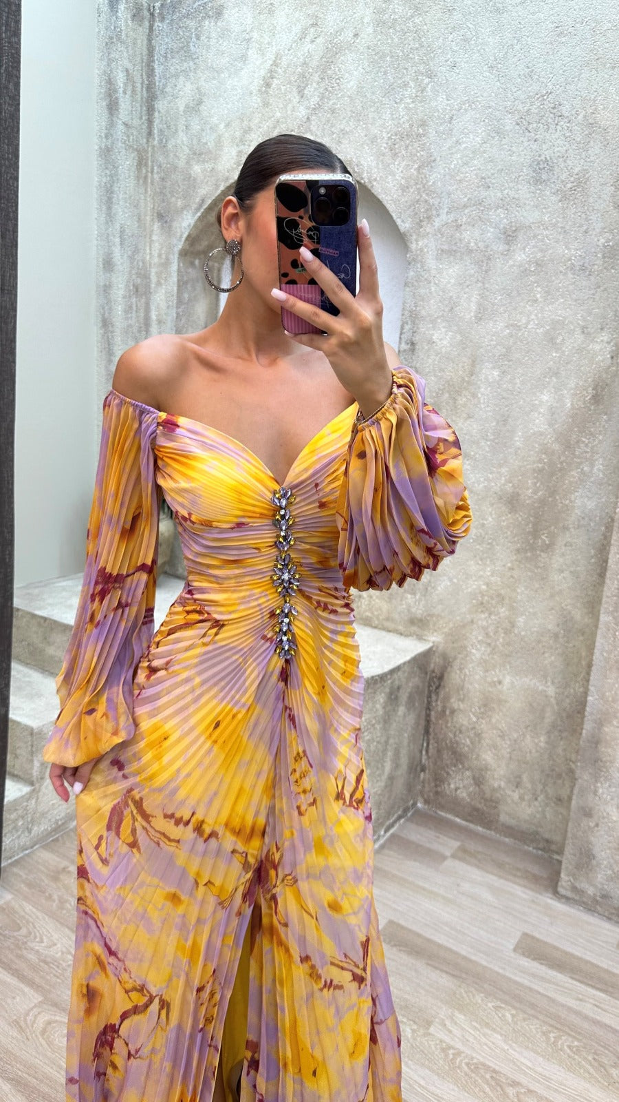 Yellow Balloon Sleeve Brooch Detail Pleated Design Dress 132563 Yellow Balloon Sleeve Brooch Detail Pleated Design Dress 132563