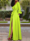 Puff Long Sleeves Buttoned Solid Color Deep V-Neck Maxi Shirt Dresses 115343 - TUZZUT Qatar Online Shopping