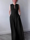 A-Line Loose Pleated Pockets Split-Joint Zipper Round-Neck Maxi Dresses 163220 - TUZZUT Qatar Online Shopping