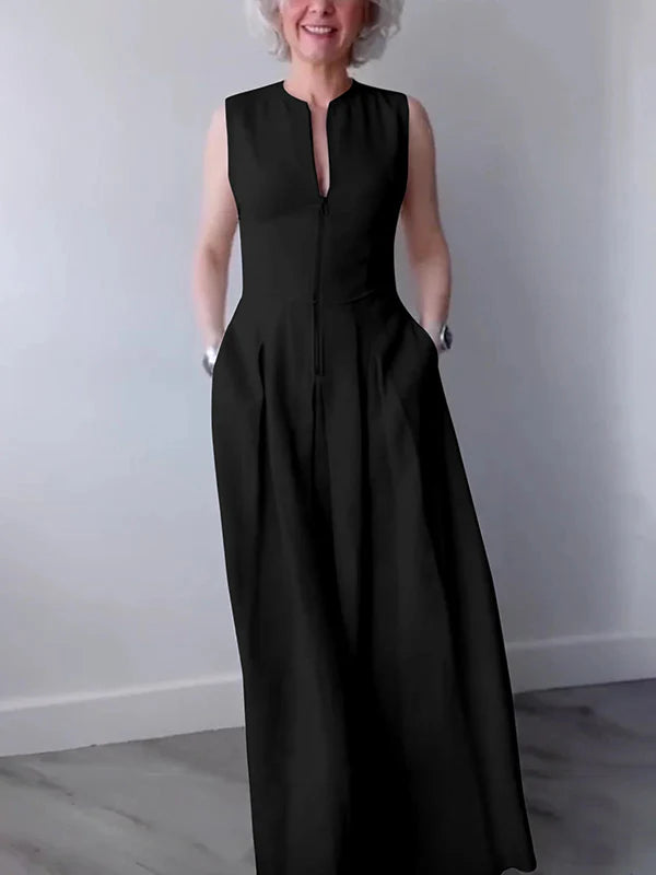 A-Line Loose Pleated Pockets Split-Joint Zipper Round-Neck Maxi Dresses 163220 A-Line Loose Pleated Pockets Split-Joint Zipper Round-Neck Maxi Dresses 163220
