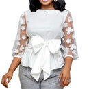 Office Ladies Summer White Work Blouse Plus Size Women Tops Shirt Mesh Flower Bow Tie Slim Elegant Fashion Female Bluas S3380308 - Tuzzut.com Qatar Online Shopping