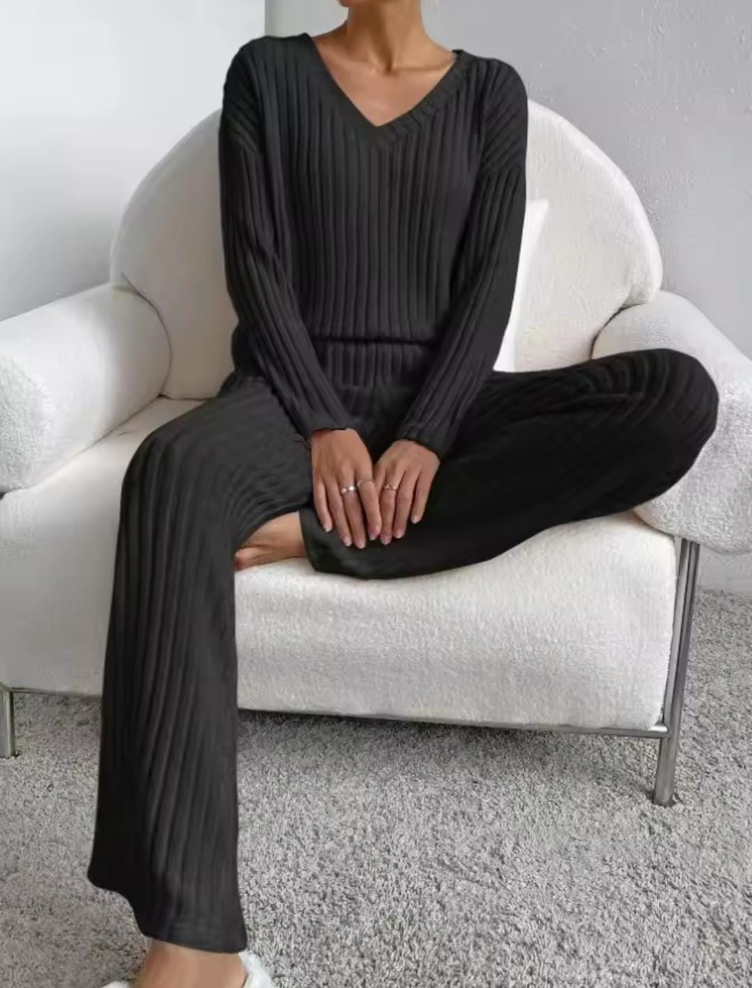 Women 2 Piece Casual Pajamas V Neck Strip Knitted Top 918472 Women 2 Piece Casual Pajamas V Neck Strip Knitted Top 918472