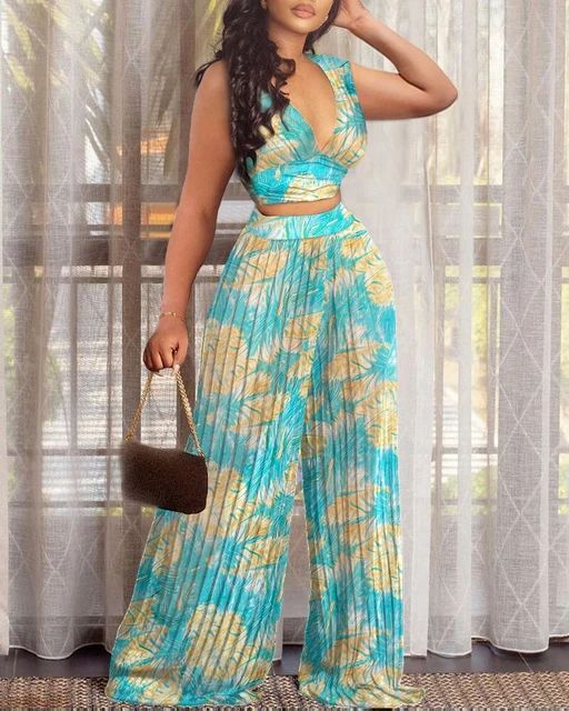 African Summer Sexy Sleeveless V-Neck Vest Straight Leg Large Size Wide Trouser Set Two Pieces S4573971