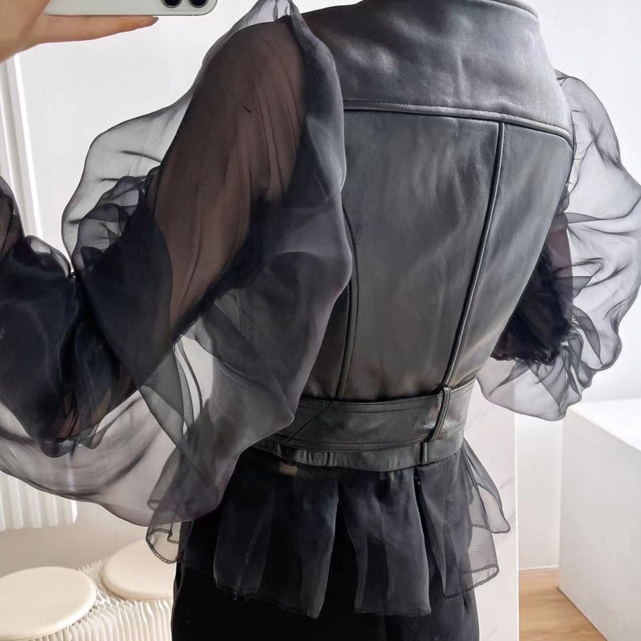Black Mesh Double Sleeves Jacket with Zipper and Tulle Hem S5069757 - Size M Black Mesh Double Sleeves Jacket with Zipper and Tulle Hem S5069757 - Size M