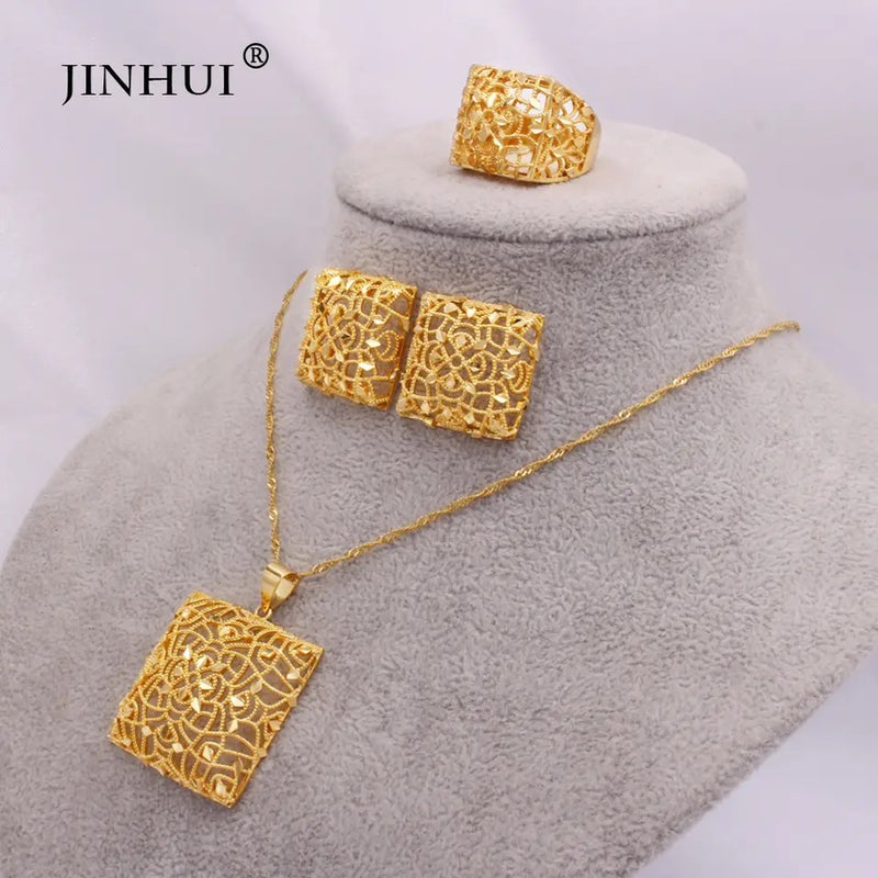 Gold color Jewelry sets Ethiopia women African Party wedding gifts Necklace Earrings ring S3972242 - TUZZUT Qatar Online Shopping