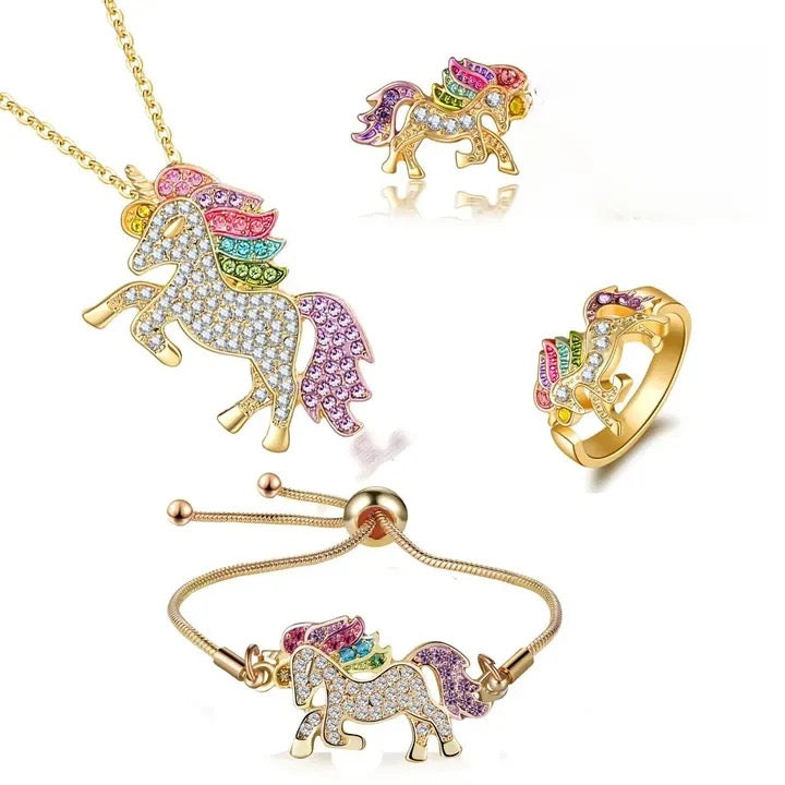 Cute Unicorn Ring Bracelet Necklace Earrings Set Colorful Mini Horse Jewelry Suit For Girls Women X3202107 - TUZZUT Qatar Online Shopping