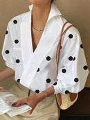 Womens Loose Puff Sleeves Polka-Dot Lapel Collar Blouse 119701 L - TUZZUT Qatar Online Shopping