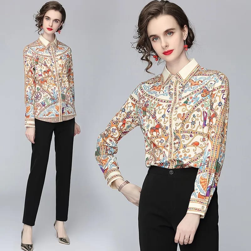 New Spring Women Runway Blouses Long Sleeve Elegant Turn-down Collar Vintage Office Shirts Plus Size Blusas Tops S1732246 - Tuzzut.com Qatar Online Shopping